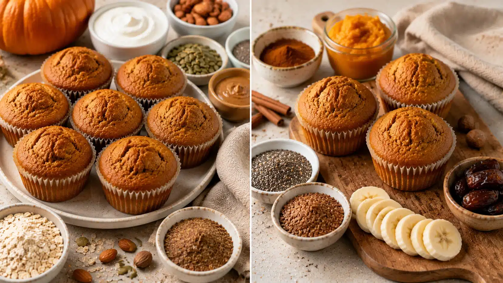 Image showing nutritious pumpkin muffins with protein-rich ingredients, oats, seeds, nuts, pumpkin, and fruit addition