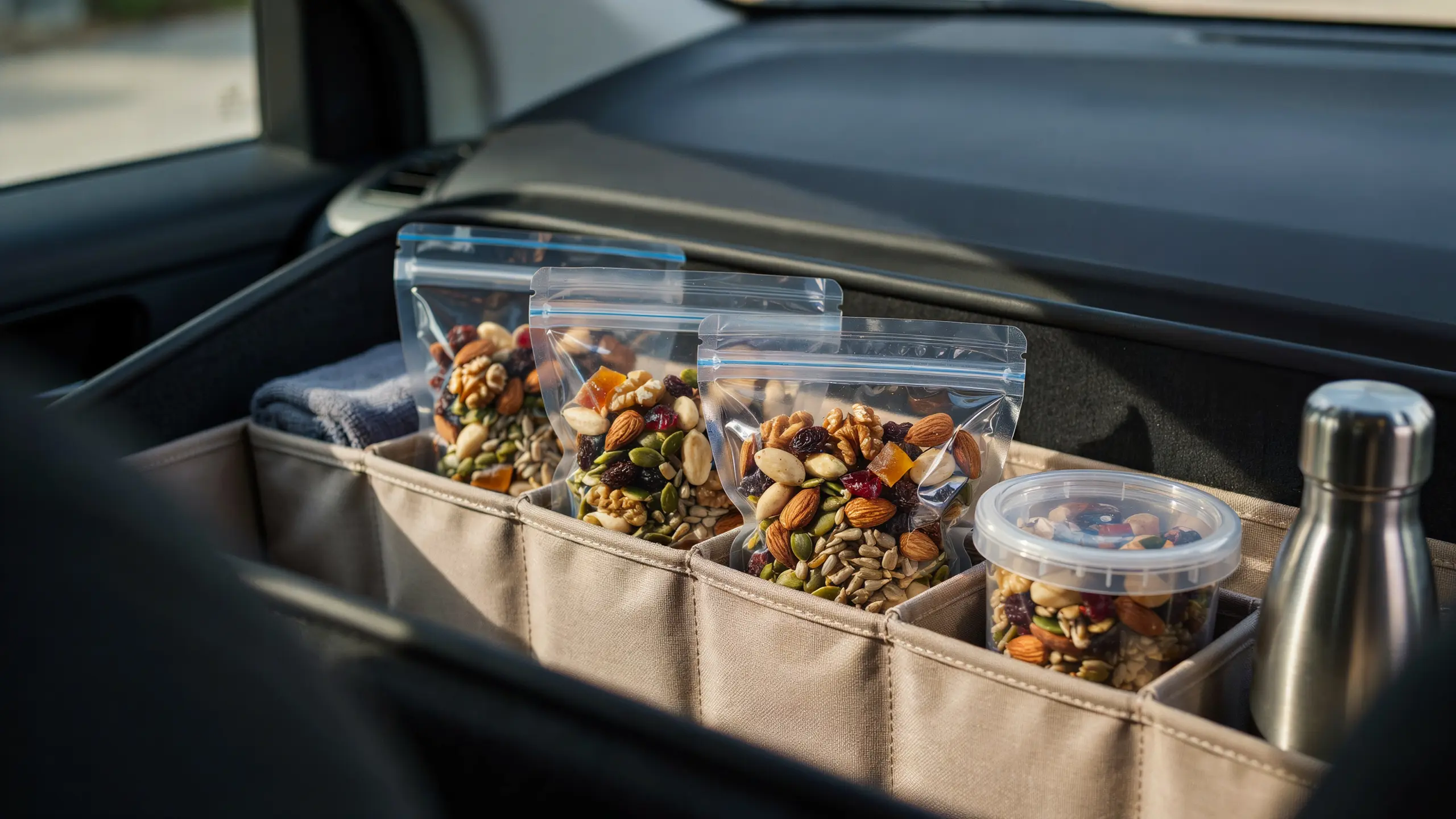 Individual bags of homemade trail mix packed for a healthy road trip snack.