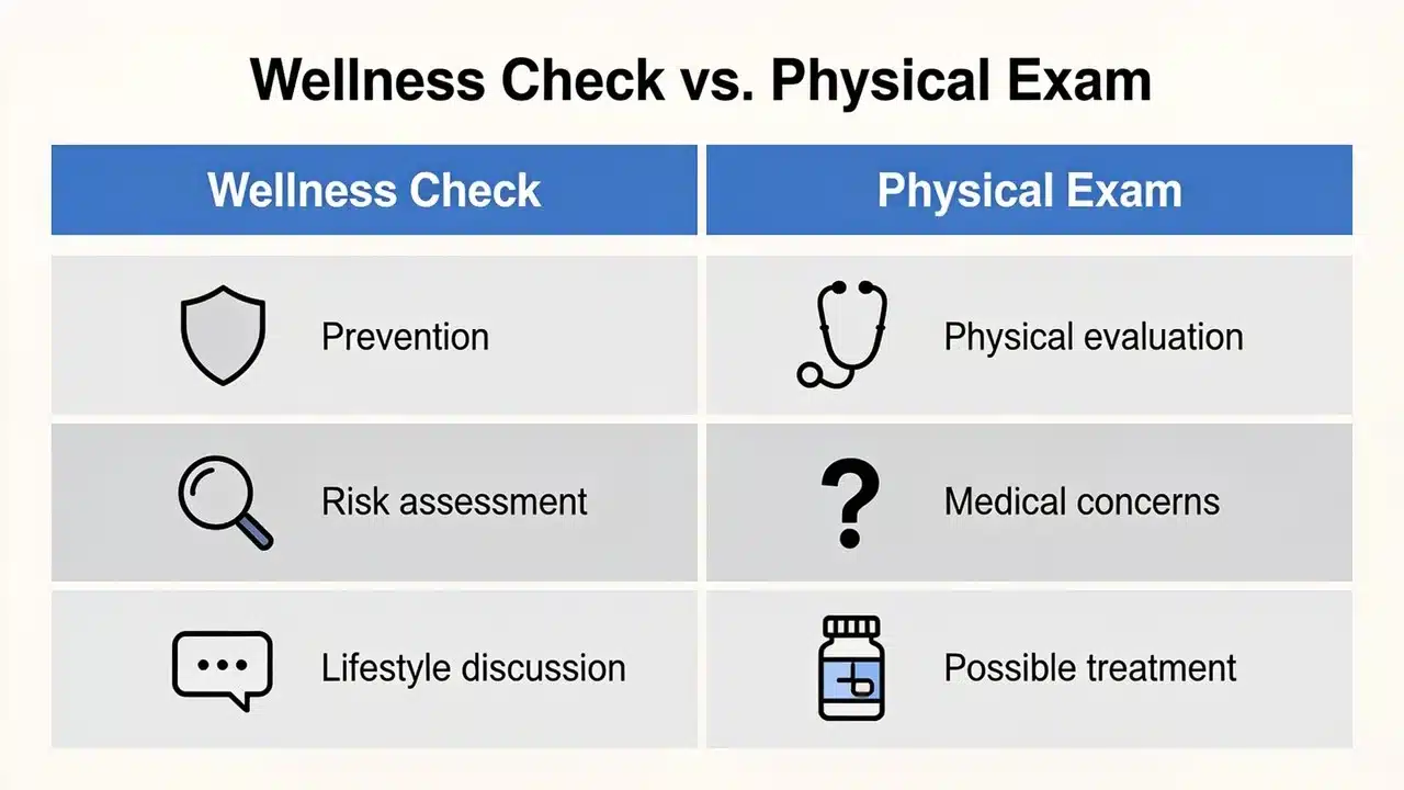 Infographic comparing a wellness check and physical exam.