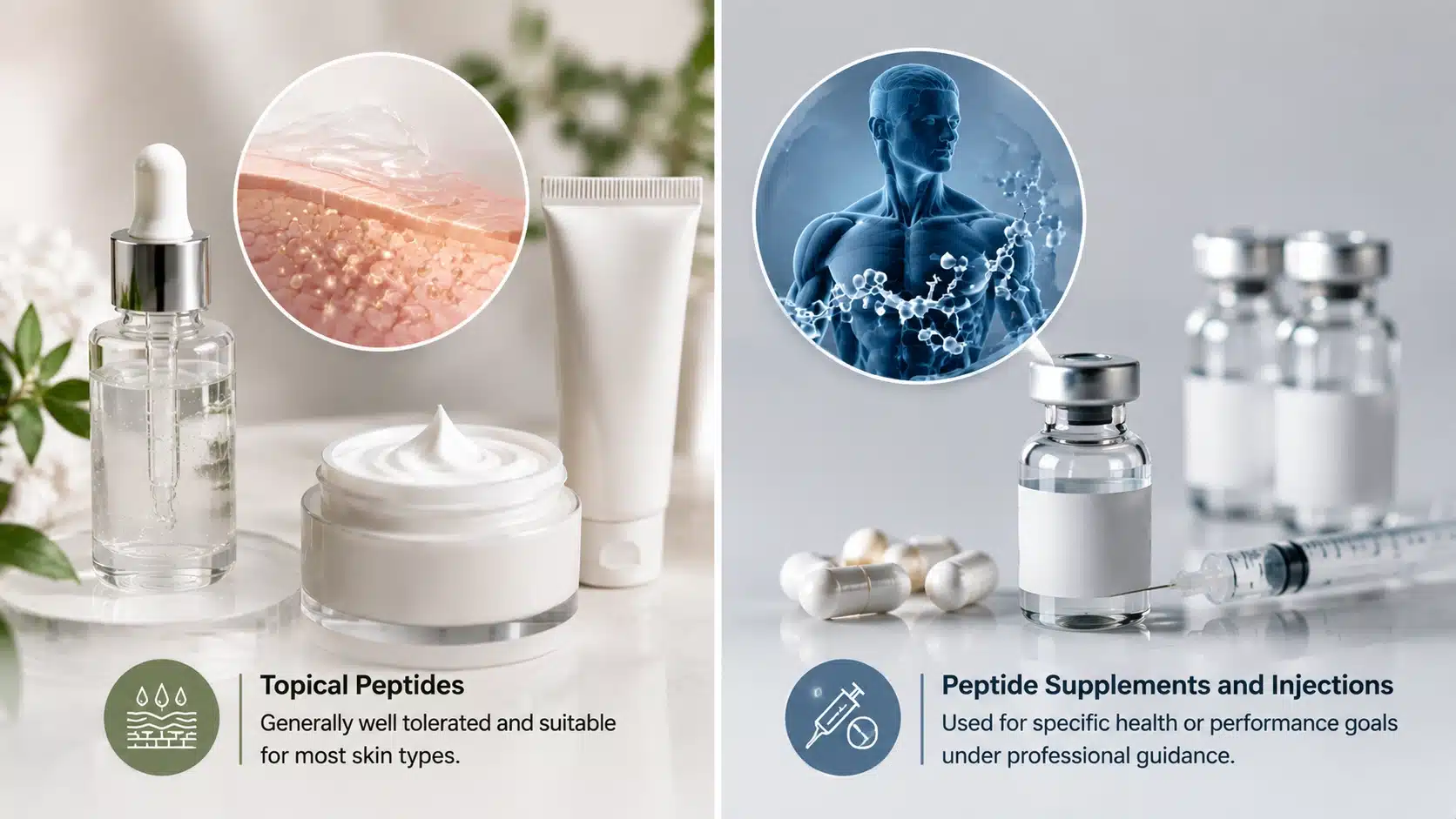 Infographic comparing topical peptides with peptide supplements and injections for skincare and health safety.