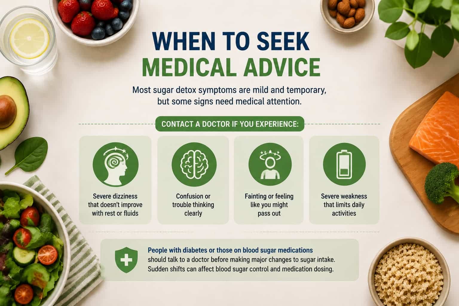 Infographic explaining when to seek medical advice during a sugar detox, highlighting severe dizziness, confusion, fainting, weakness, and diabetes-related precautions.