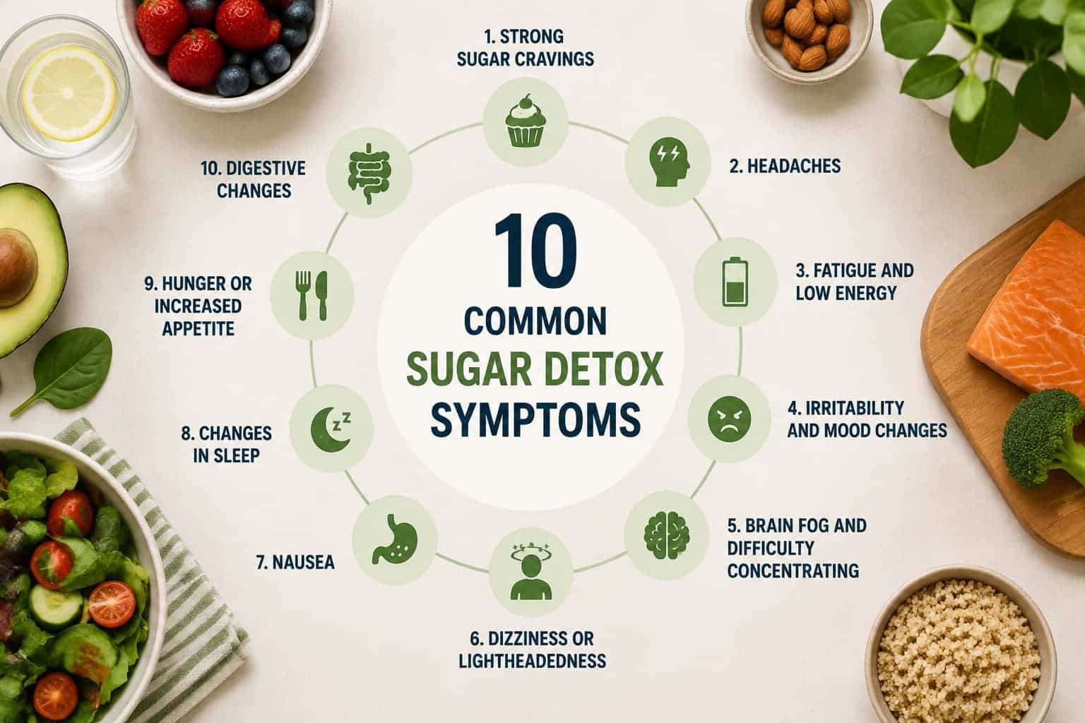 Infographic showing 10 common sugar detox symptoms