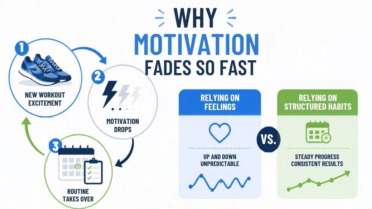 Infographic showing how exercise motivation changes and why routines support consistency
