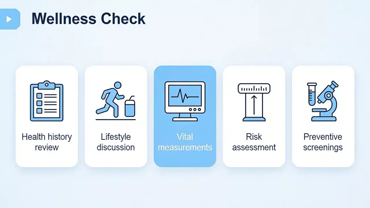 Infographic showing steps involved in a wellness check appointment