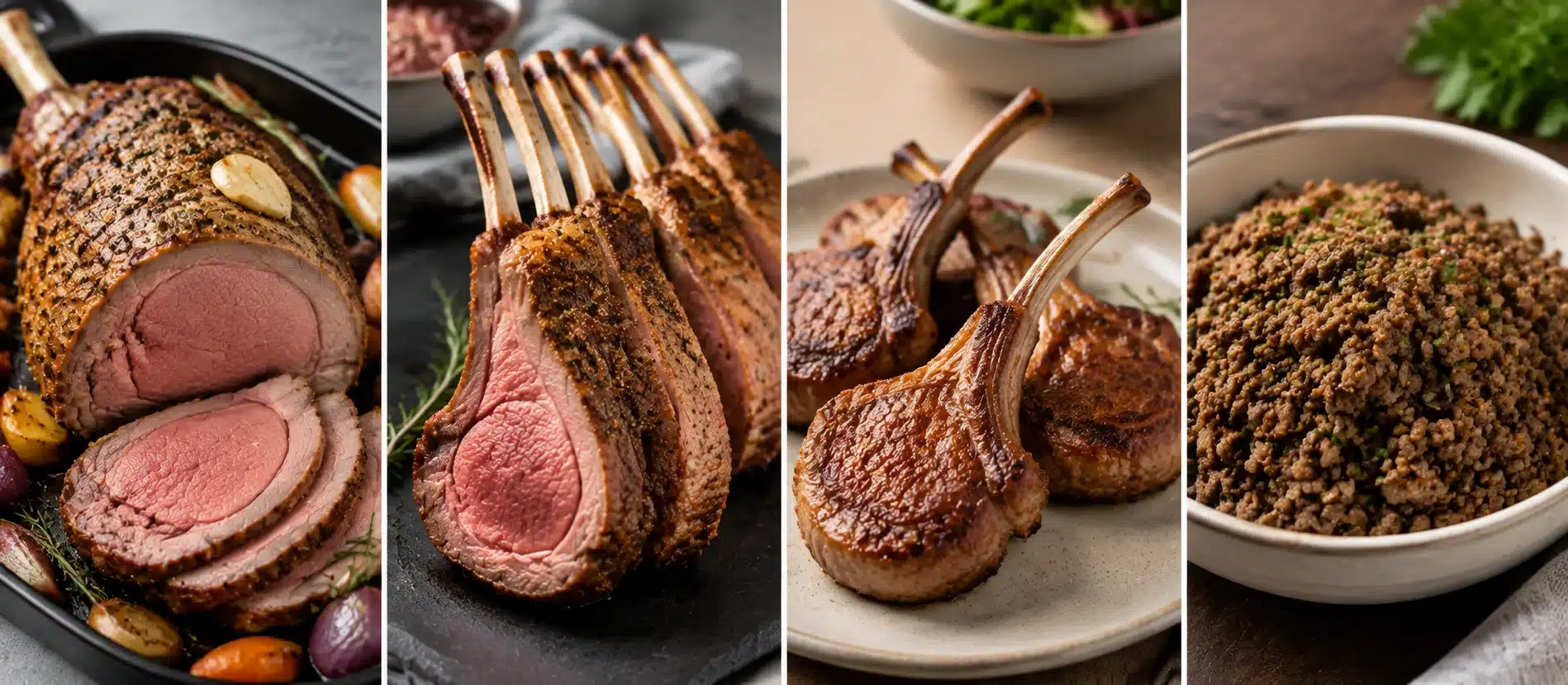Four-panel collage showing lamb dishes including roast lamb, rack, chops, and minced lamb.
