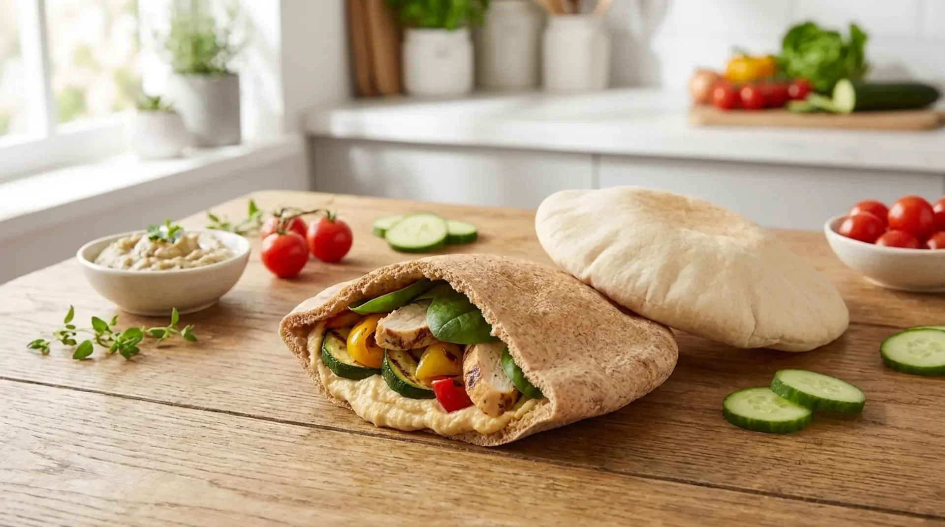 Healthy pita bread with whole wheat and white pita varieties with fresh fillings.