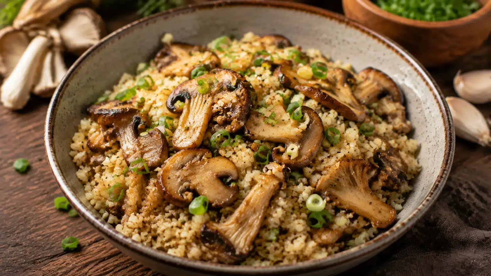 Keto mushroom cauliflower rice bowl with sautéed mushrooms, cauliflower, and green onion topping.