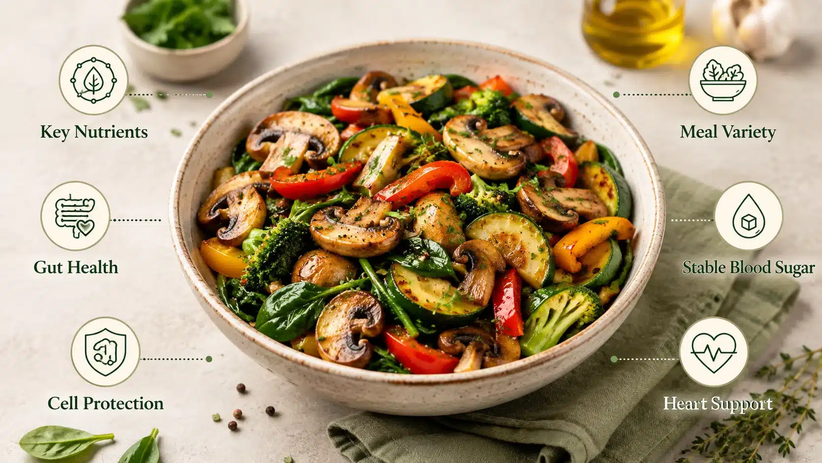 Keto mushroom vegetable bowl showing key health benefits like nutrients, gut support, blood sugar balance, and heart health.