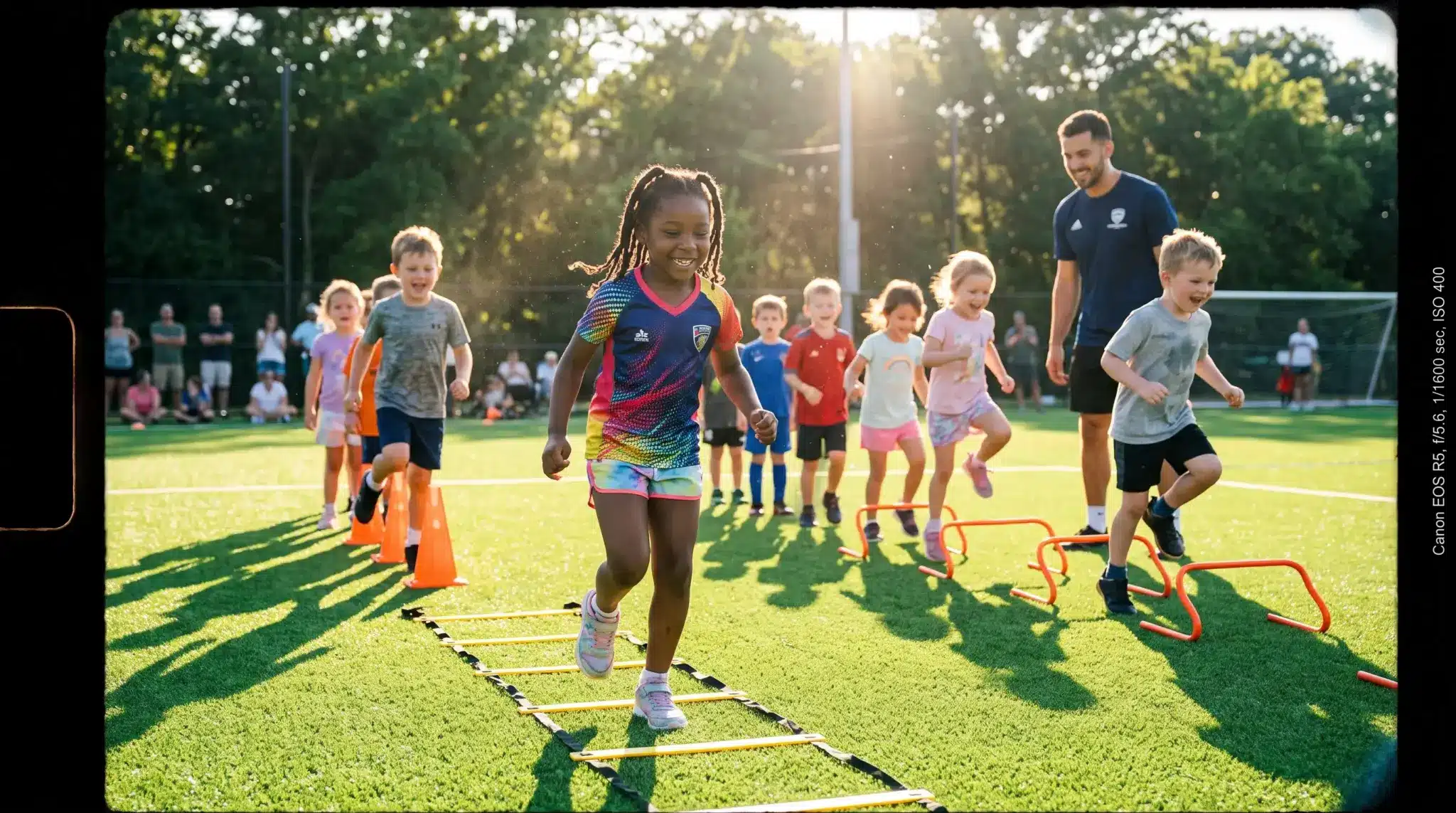 A group of diverse young children happily running through an agility ladder and orange cones during an outdoor fitness training session on a sunny green turf field.