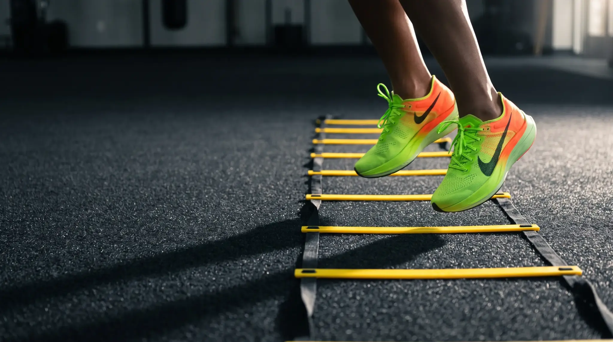 Wide-angle, close-up shot of an athlete’s neon running shoes mid-air during a dynamic agility ladder drill on dark grey turf, with empty space for text.
