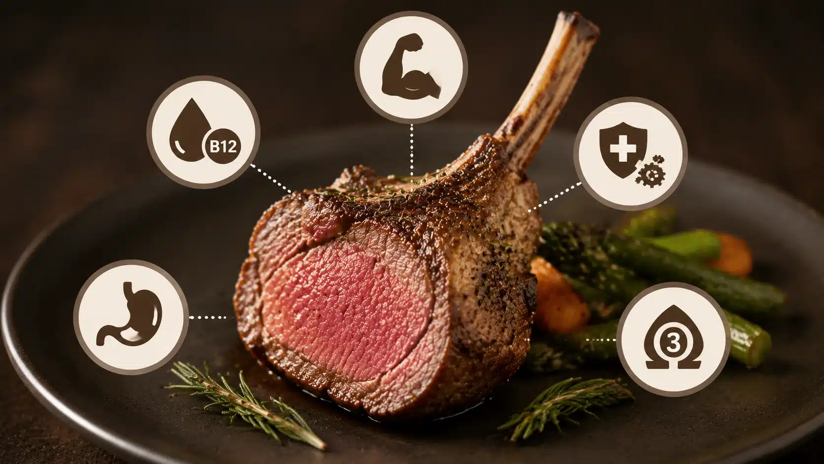 Lamb chop meal highlighting health benefits with protein, iron, B12, immune support, fullness, and beneficial nutrients.