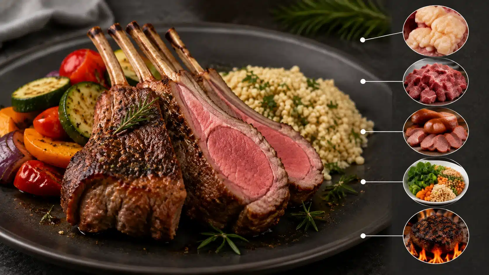 Lamb dish with visual indicators showing potential concerns including fat content, processed meat, low fiber, and high heat cooking.