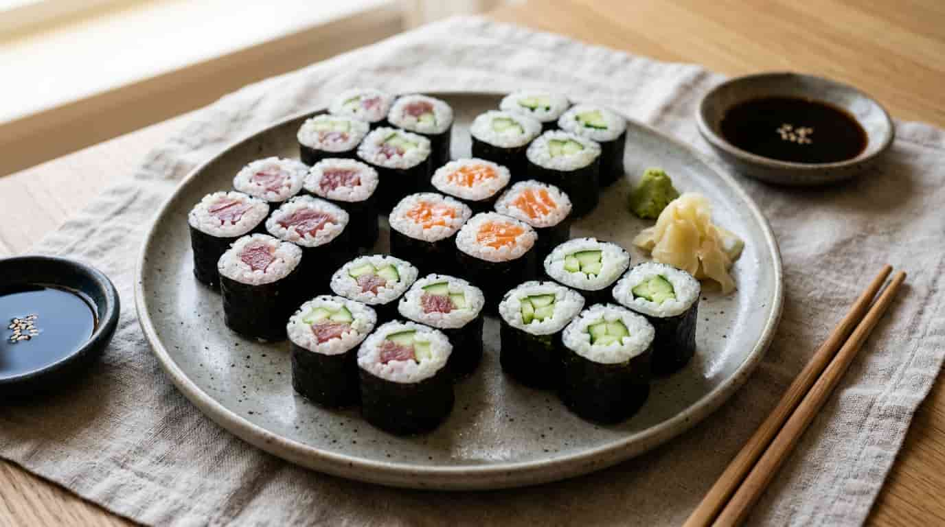 Lean sushi rolls with tuna, salmon, cucumber, rice, and nori on a plate.