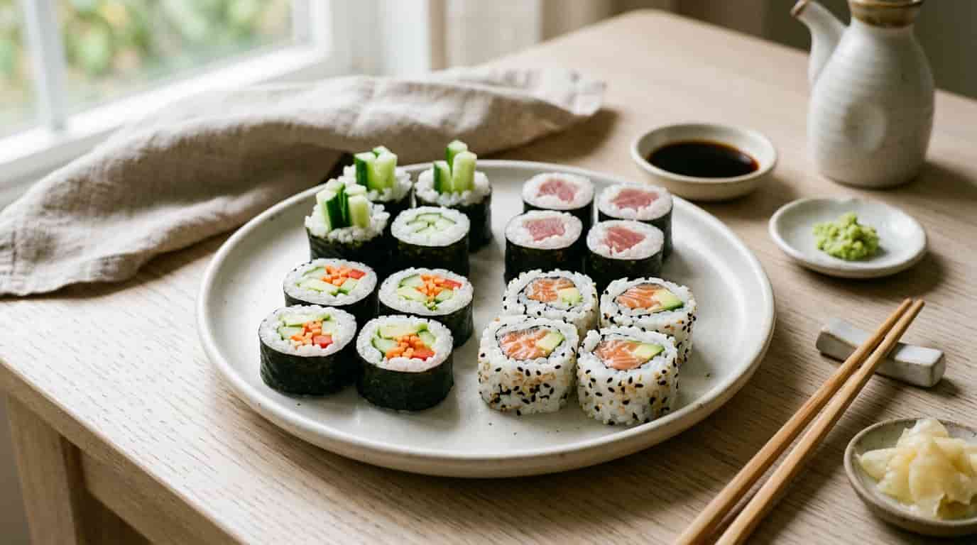 Low-calorie sushi rolls with cucumber, tuna, salmon, vegetables, rice, and nori on a plate.