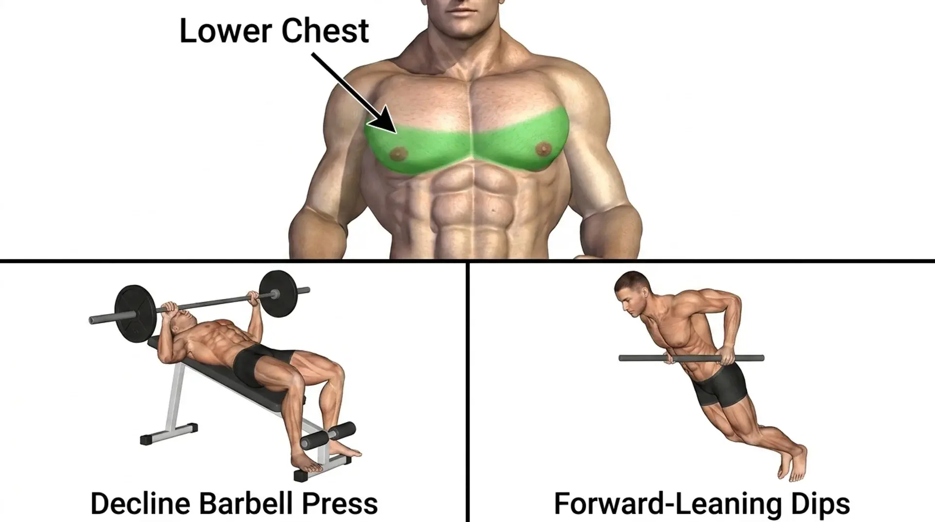 Lower chest anatomy with decline bench presses and forward-leaning dips.
