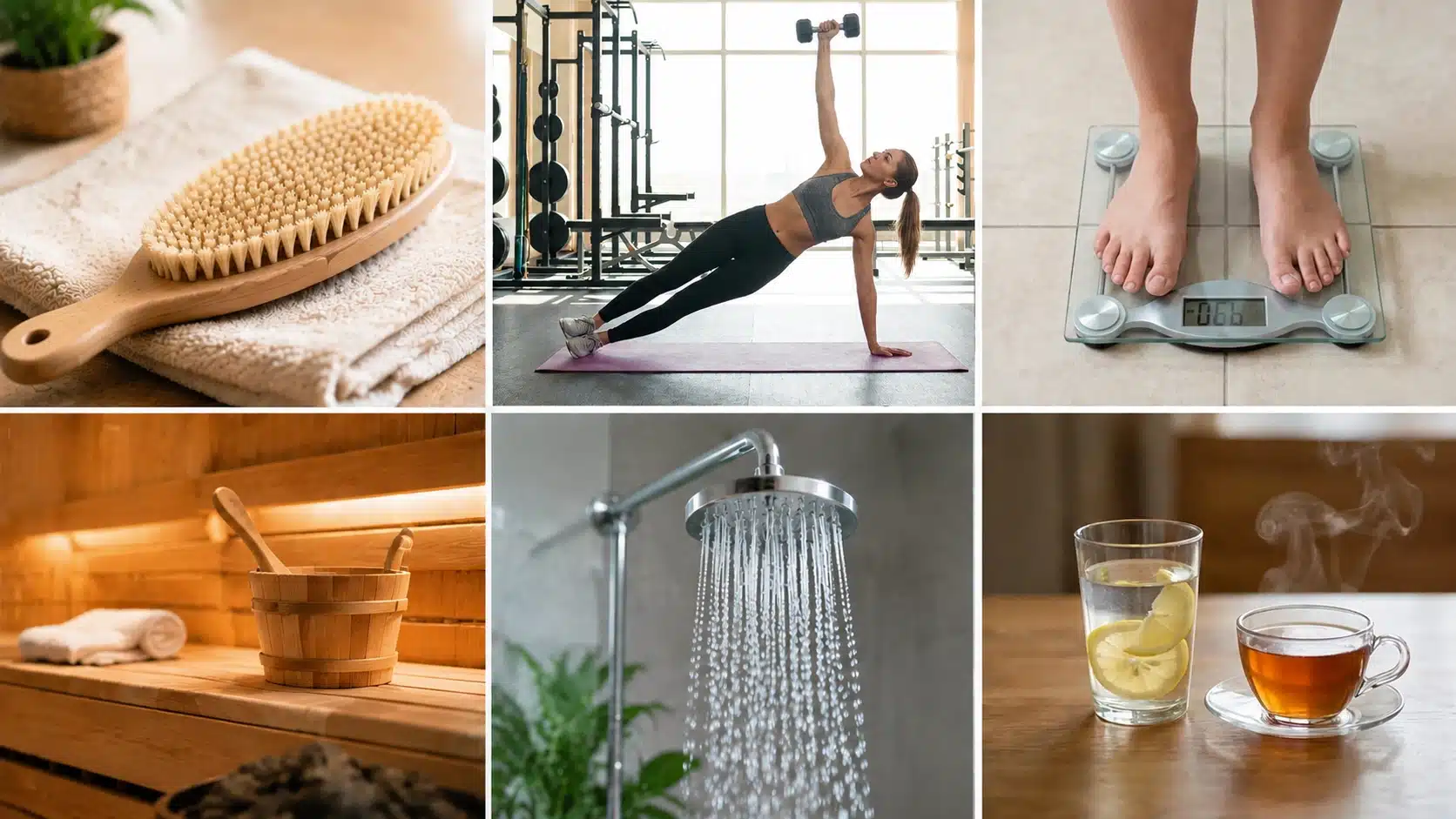 Lymphatic detox methods including dry brushing, sauna, rebounder, vibration plate, shower, and hydration.