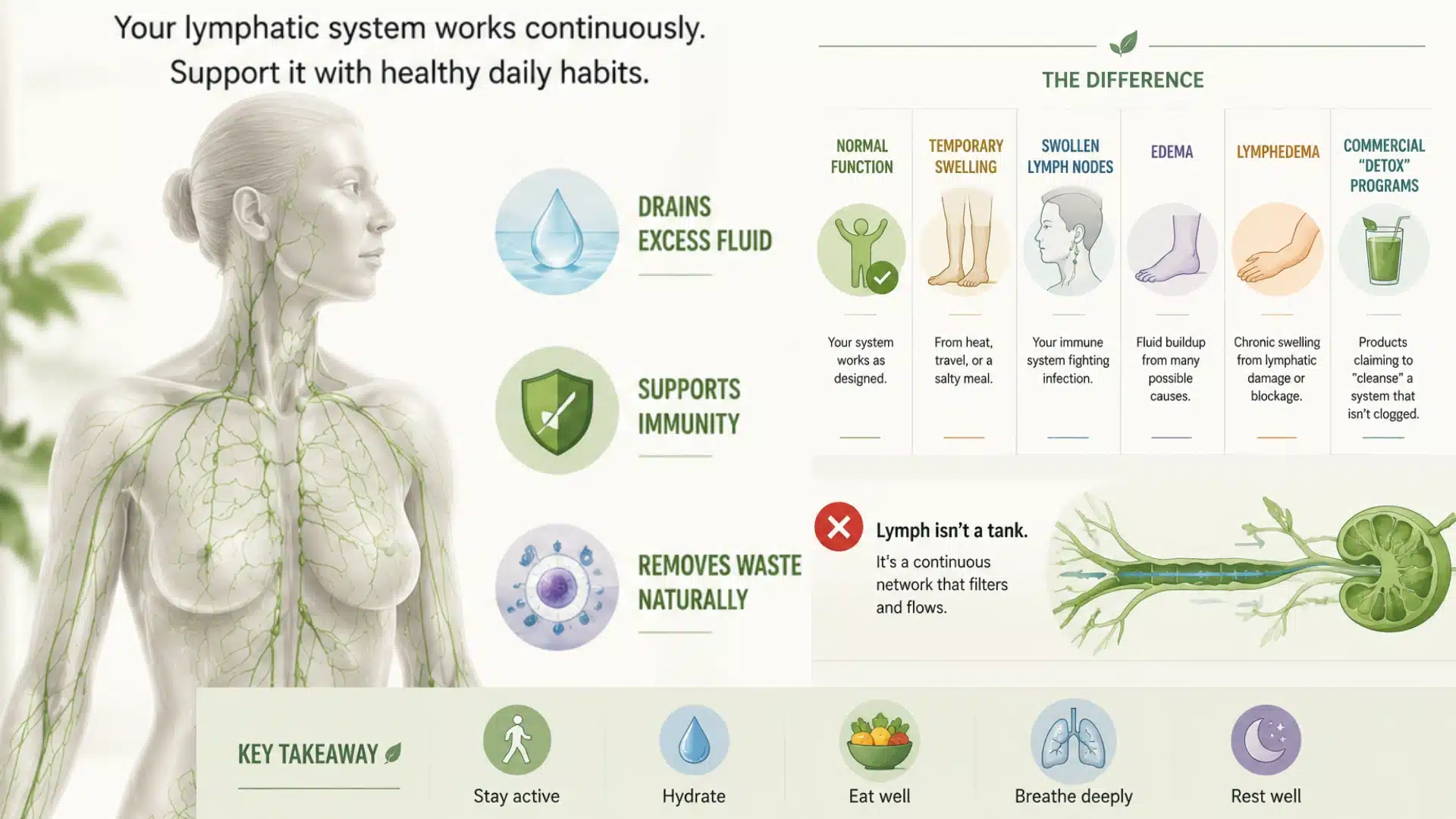 Lymphatic system detox infographic explaining lymph flow, normal function, swelling types, and healthy support habits.