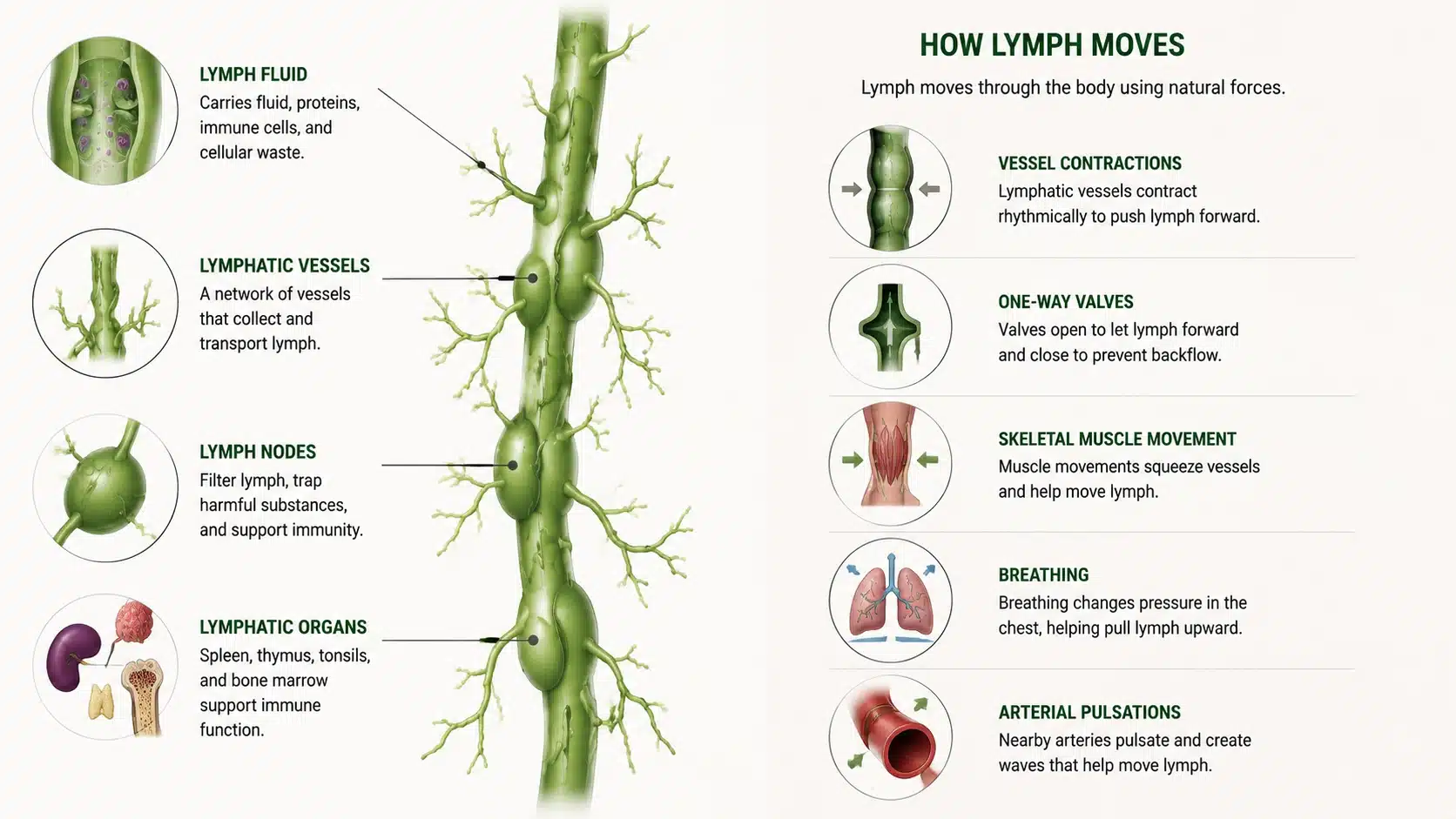 Lymphatic system diagram showing lymph vessels, nodes, fluid flow, and natural movement mechanisms.