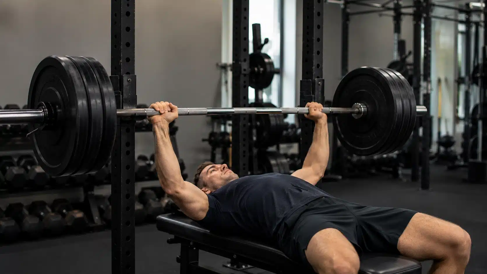 Man performing a barbell bench press during a PHUL upper power workout session in a professional gym setting
