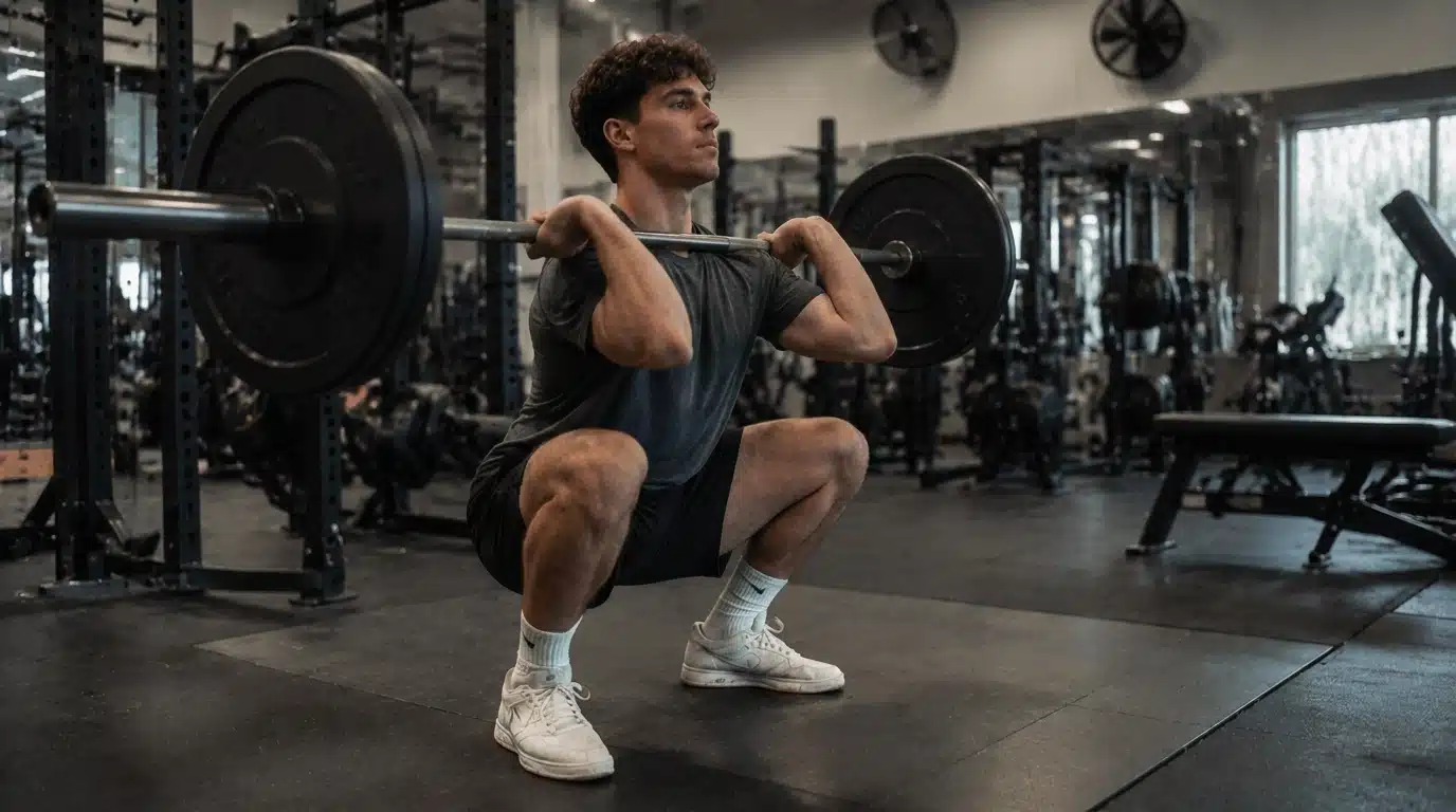 Man performing barbell front squats during a PHUL lower hypertrophy workout in a realistic gym environment