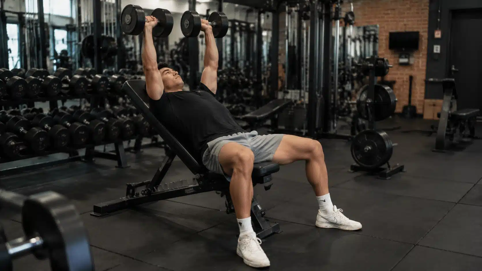 Man performing incline dumbbell press during a PHUL upper hypertrophy workout session in a realistic gym