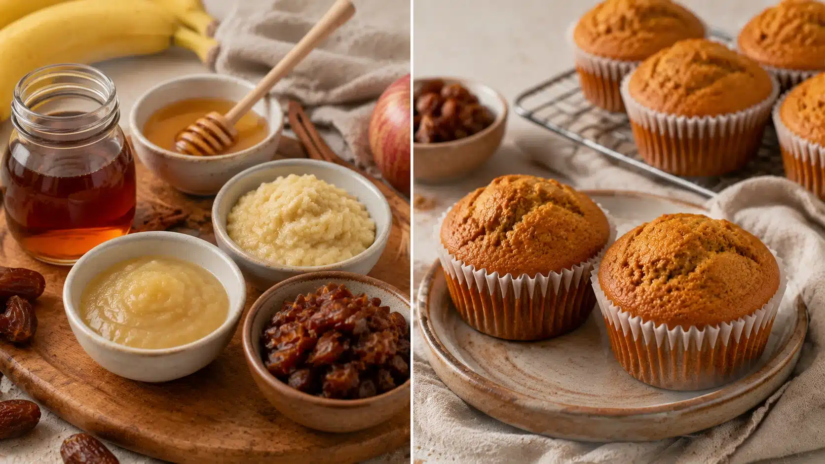 Maple syrup, honey, banana, applesauce, dates, and pumpkin muffins showing natural sweetener options for baking