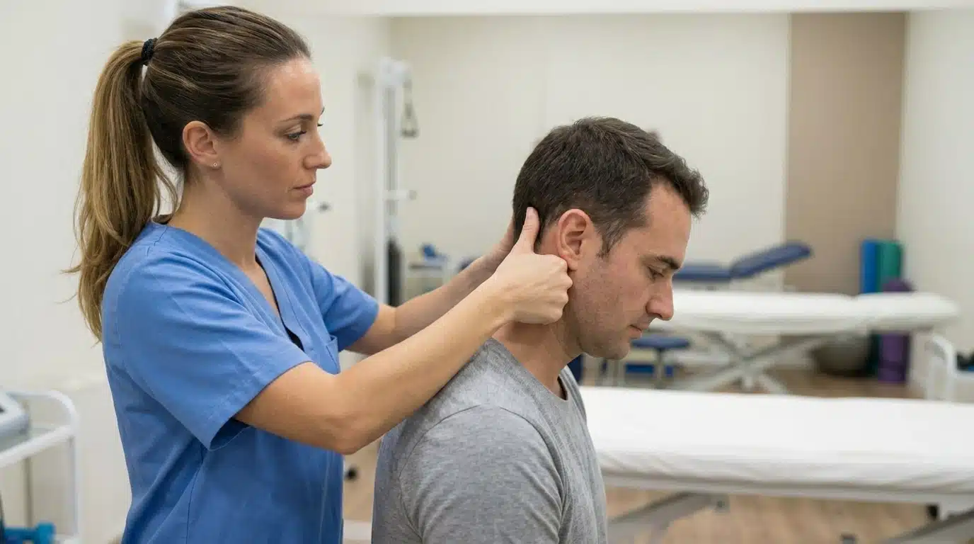 Massage therapist applying gentle fingertip pressure below the skull at the upper neck to release tension in the suboccipital muscles
