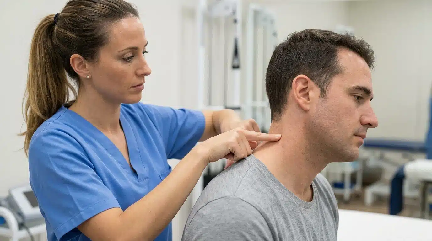 Massage therapist applying steady fingertip pressure to a tender trigger point on a client's upper back, during the focused muscle treatment session.