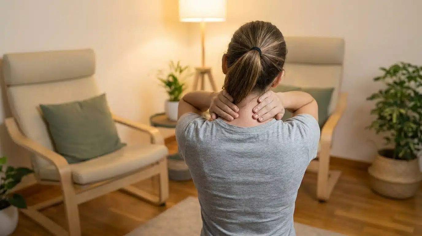 Massage therapist holds light pressure on the upper trapezius as the client gently turns the head through a comfortable range.