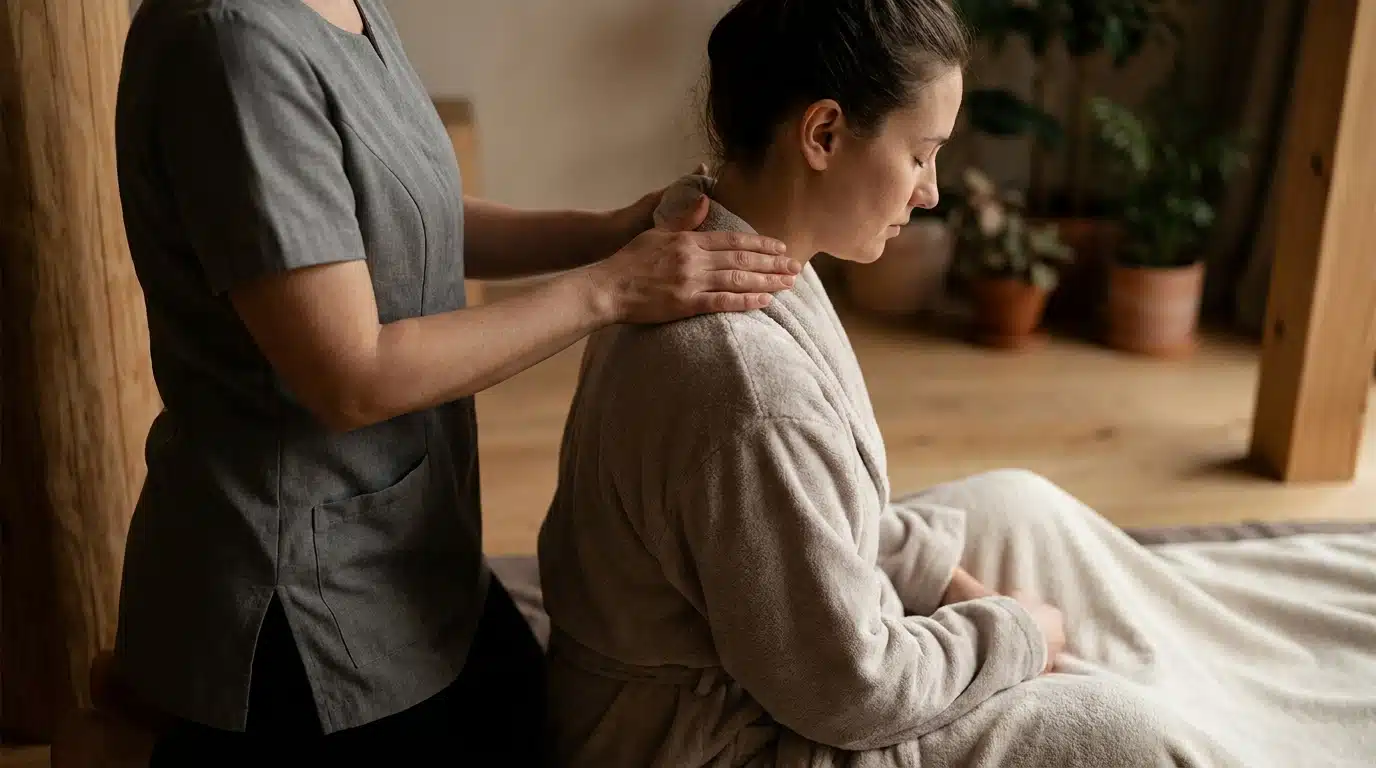 Massage therapist uses slow, light gliding strokes from the base of the skull down across the upper shoulders to gently warm the neck muscles.