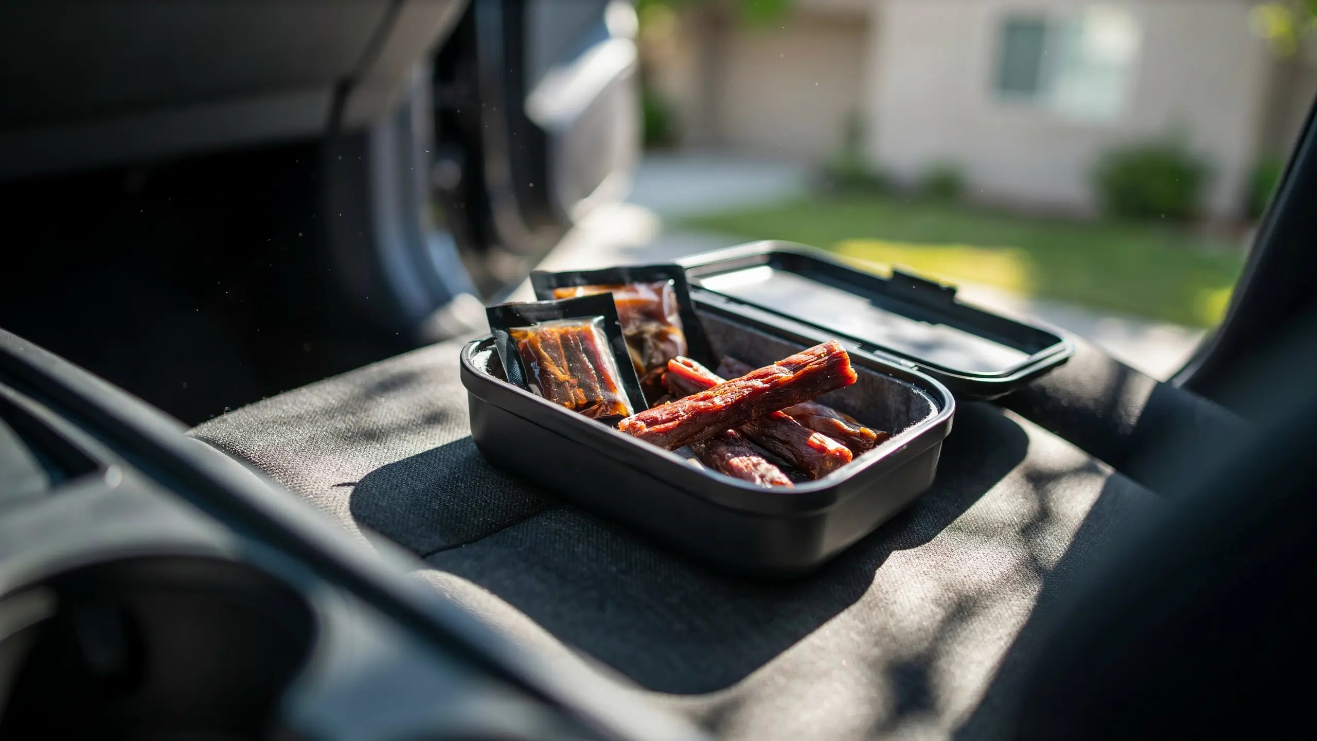 Meat sticks and jerky packed as shelf-stable protein road trip snacks.