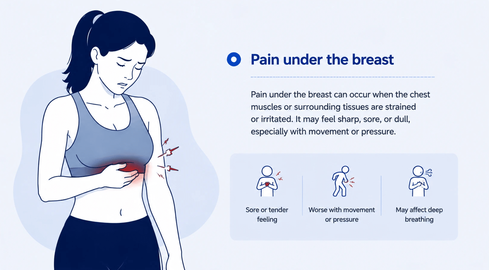 Medical illustration showing a woman with pain under the breast area, highlighting possible chest muscle strain and discomfort.
