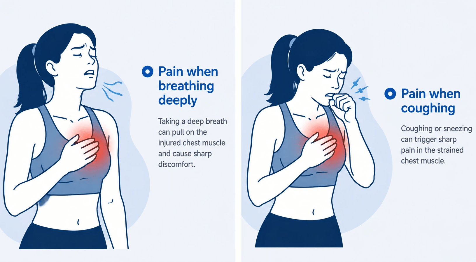 Medical illustration showing chest muscle pain triggered by deep breathing or coughing, highlighting discomfort around the chest area.