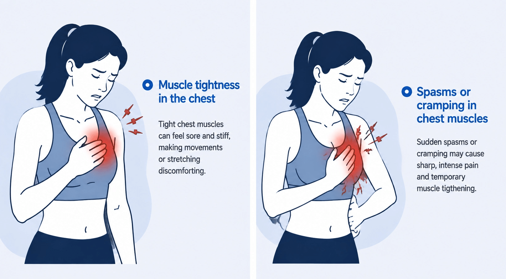 Medical illustration showing chest muscle tightness, spasms, and cramping symptoms with highlighted discomfort in the chest muscles.