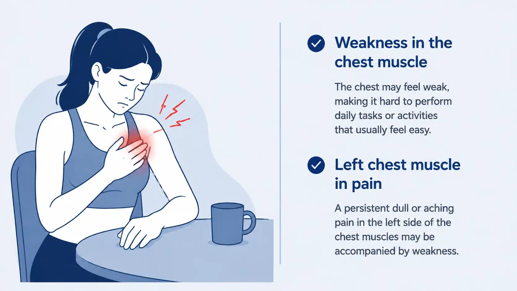Medical illustration showing chest muscle weakness with discomfort, making upper body movements and daily tasks more difficult.