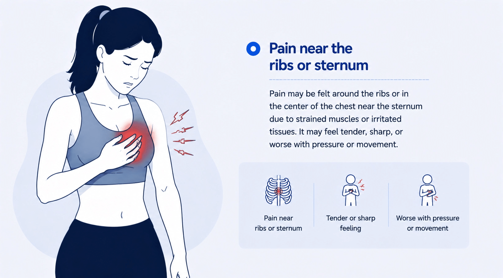 Medical illustration showing pain near the ribs or sternum, highlighting chest discomfort linked to strained muscles or irritation.