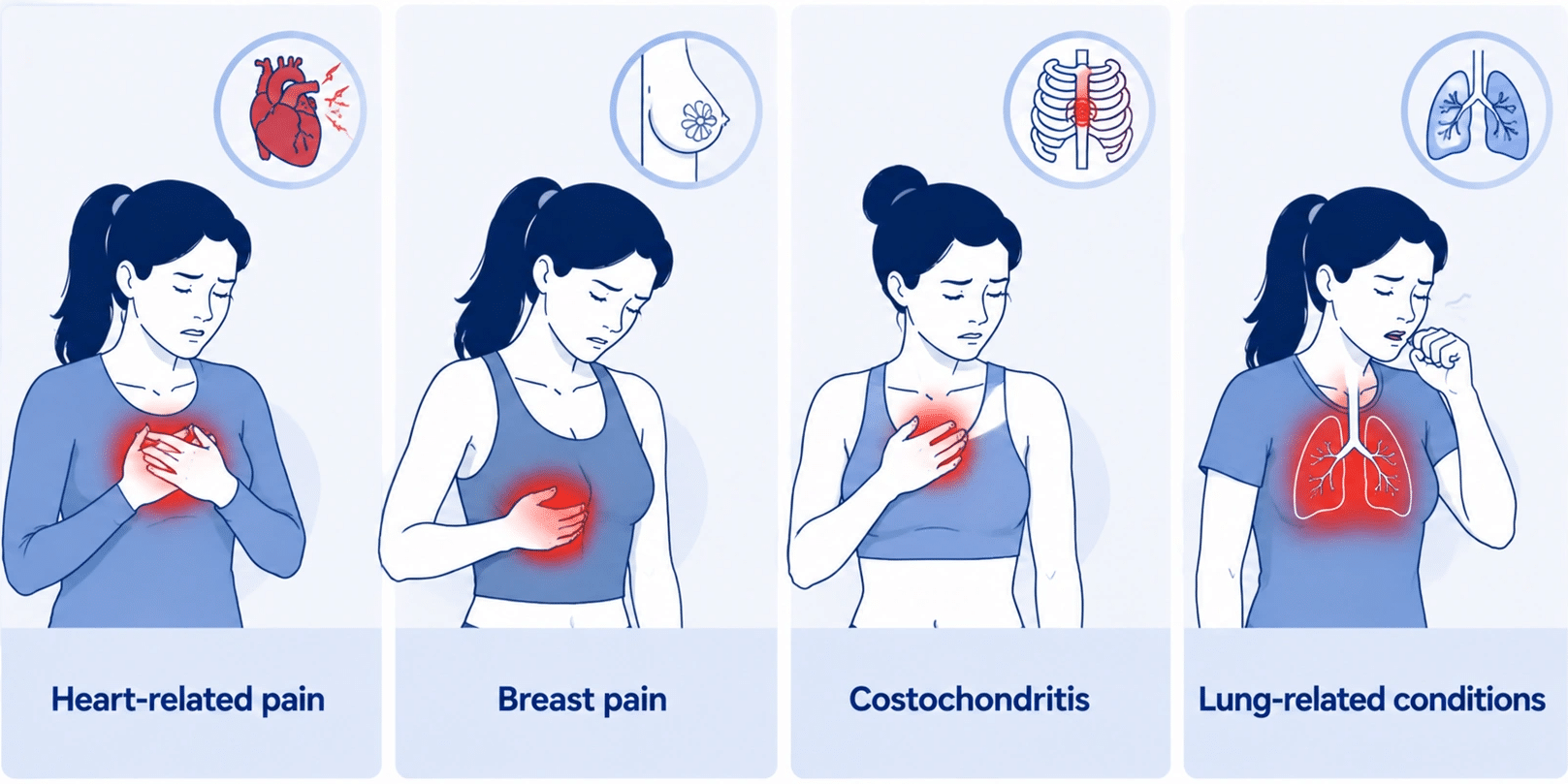 Medical infographic comparing pulled chest muscle symptoms with heart-related pain, breast pain, costochondritis, and lung conditions.