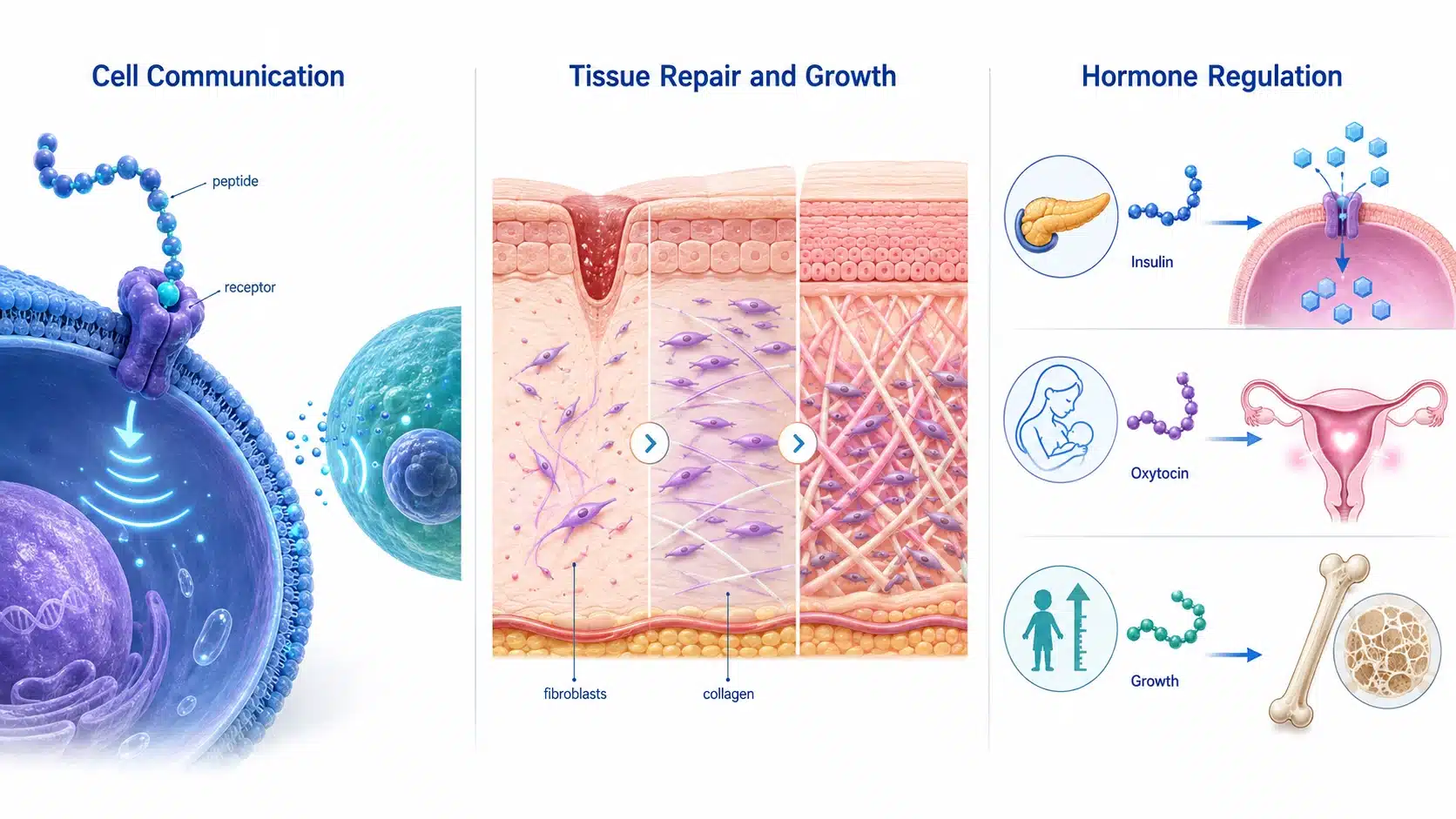 Medical infographic showing how peptides support cell communication, tissue repair, and hormone regulation in the body.