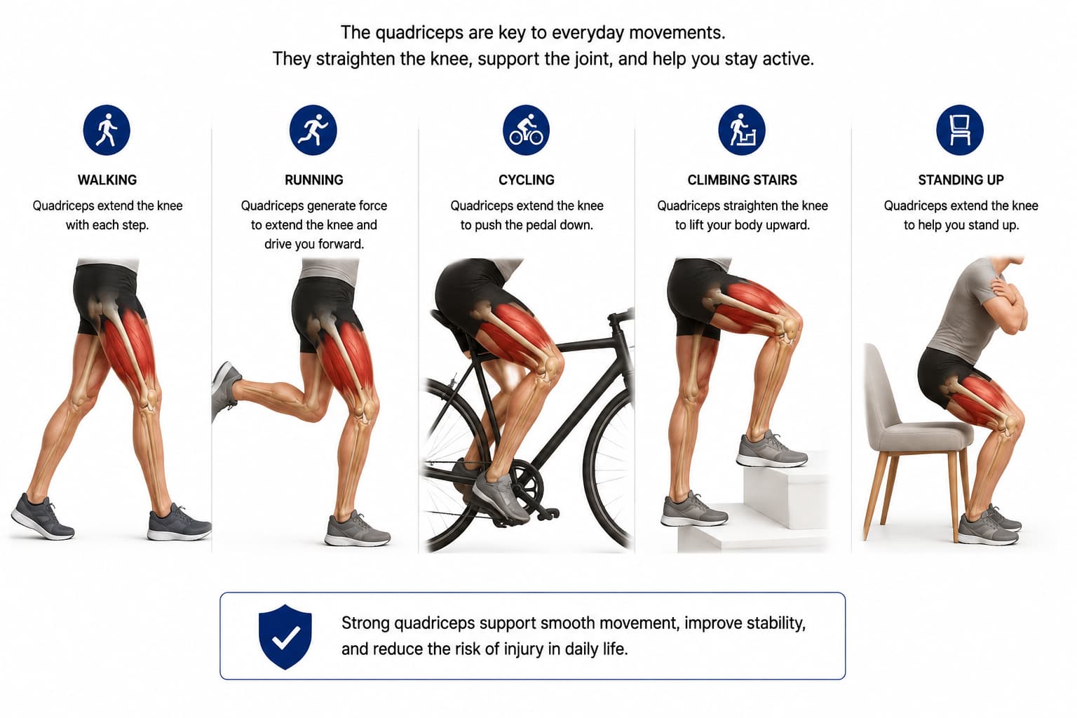 Medical infographic showing quadriceps activation during walking, running, cycling, stair climbing, and standing.