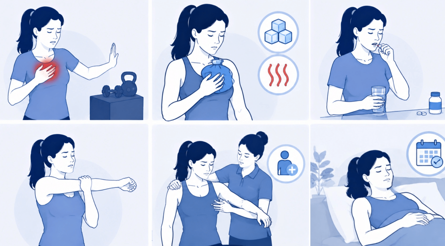 Medical infographic showing treatment options for a pulled chest muscle, including rest, ice and heat therapy, pain relief, stretching, and physical therapy.
