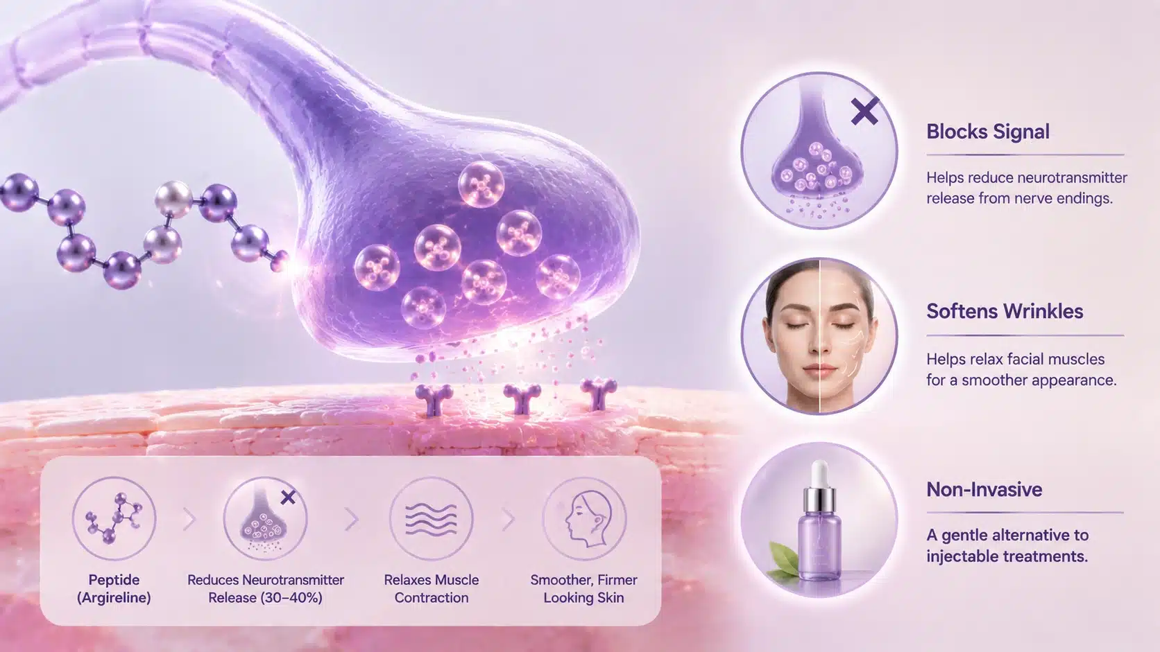 Medical skincare illustration showing Argireline peptides reducing nerve signals linked to facial muscle movement.