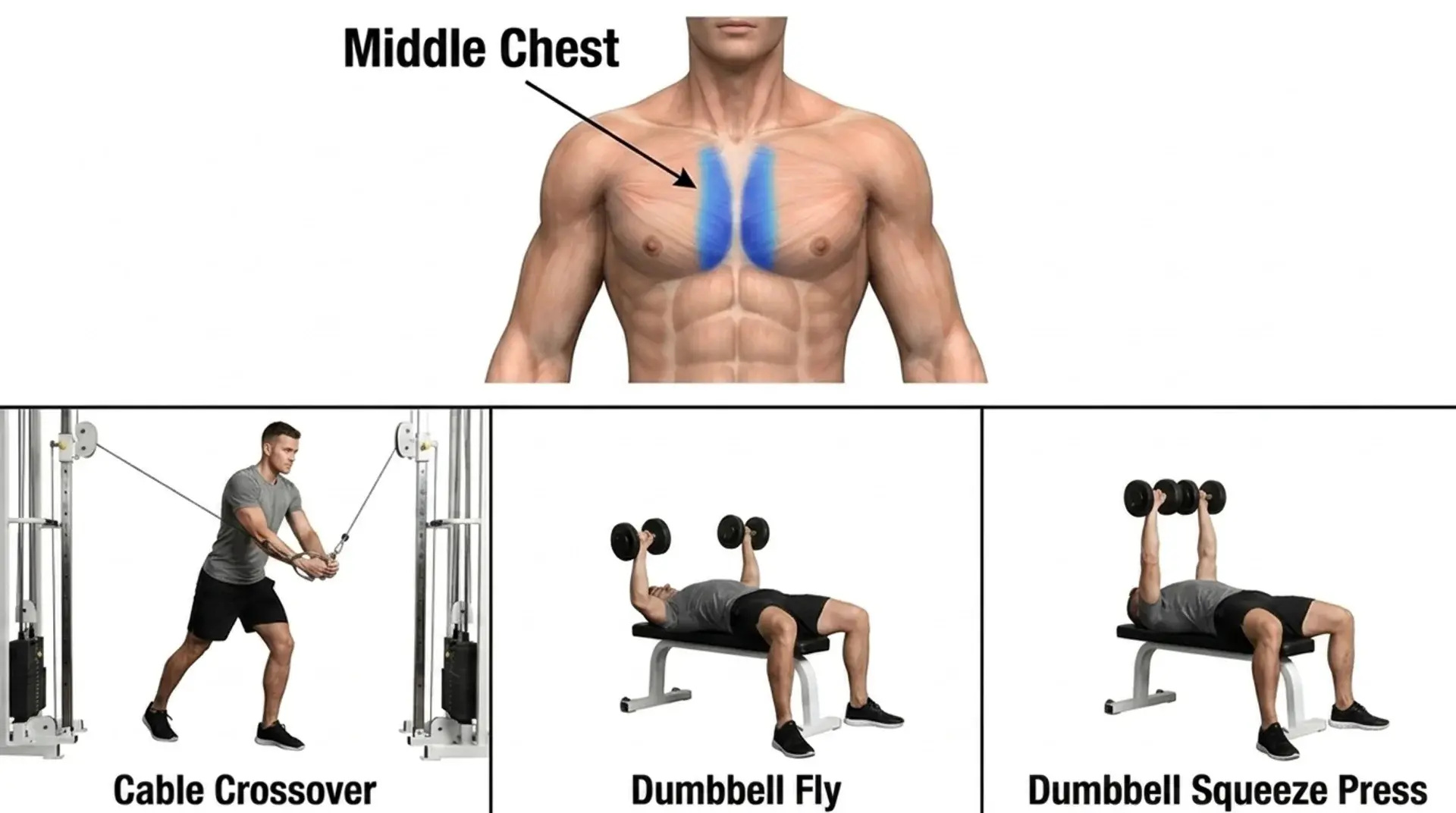 Middle chest anatomy with cable crossovers, dumbbell flyes, and squeeze presses.
