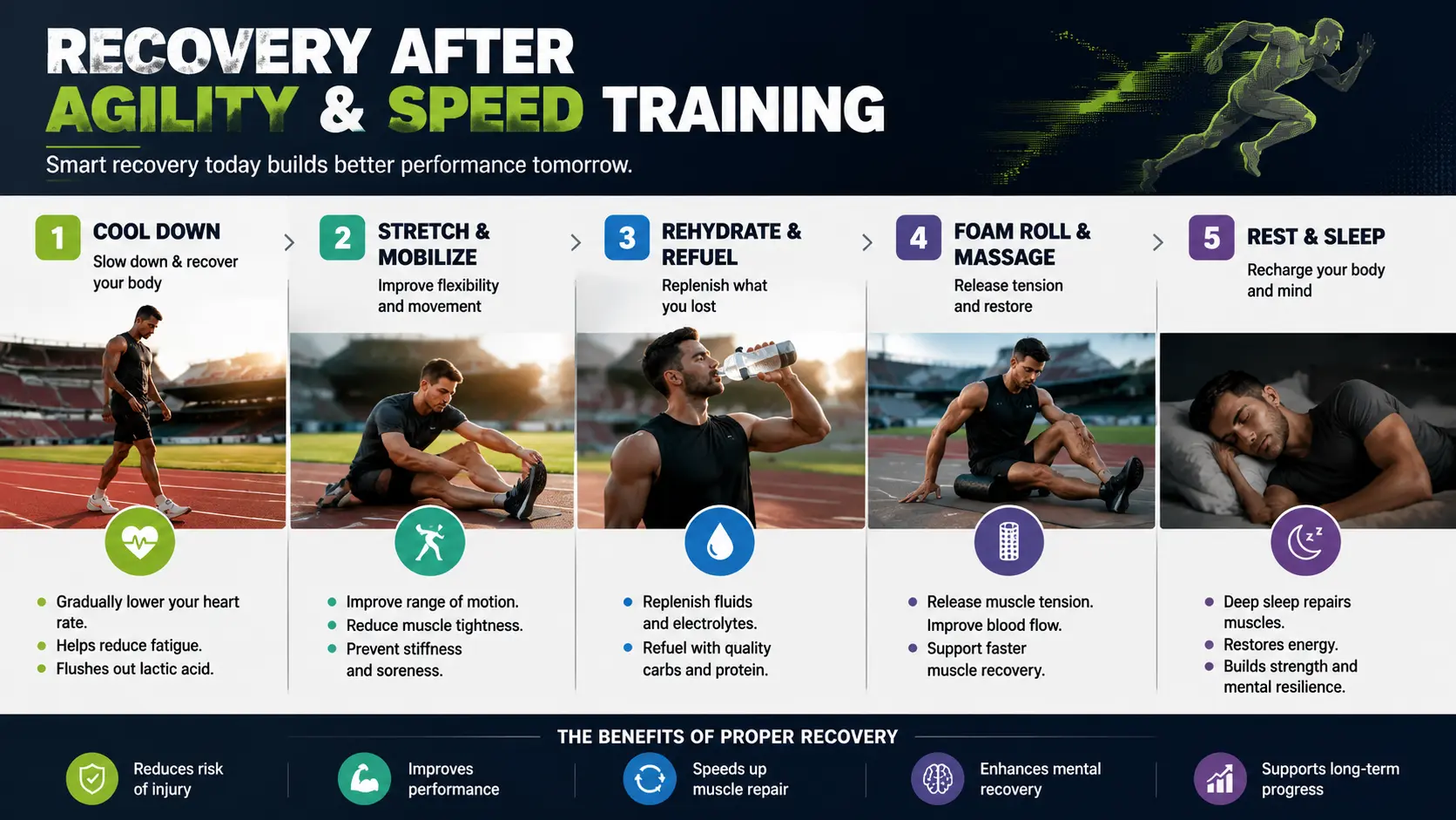 Multi-panel infographic showing athlete recovery steps including cool down, stretching, hydration, foam rolling, and rest after training.