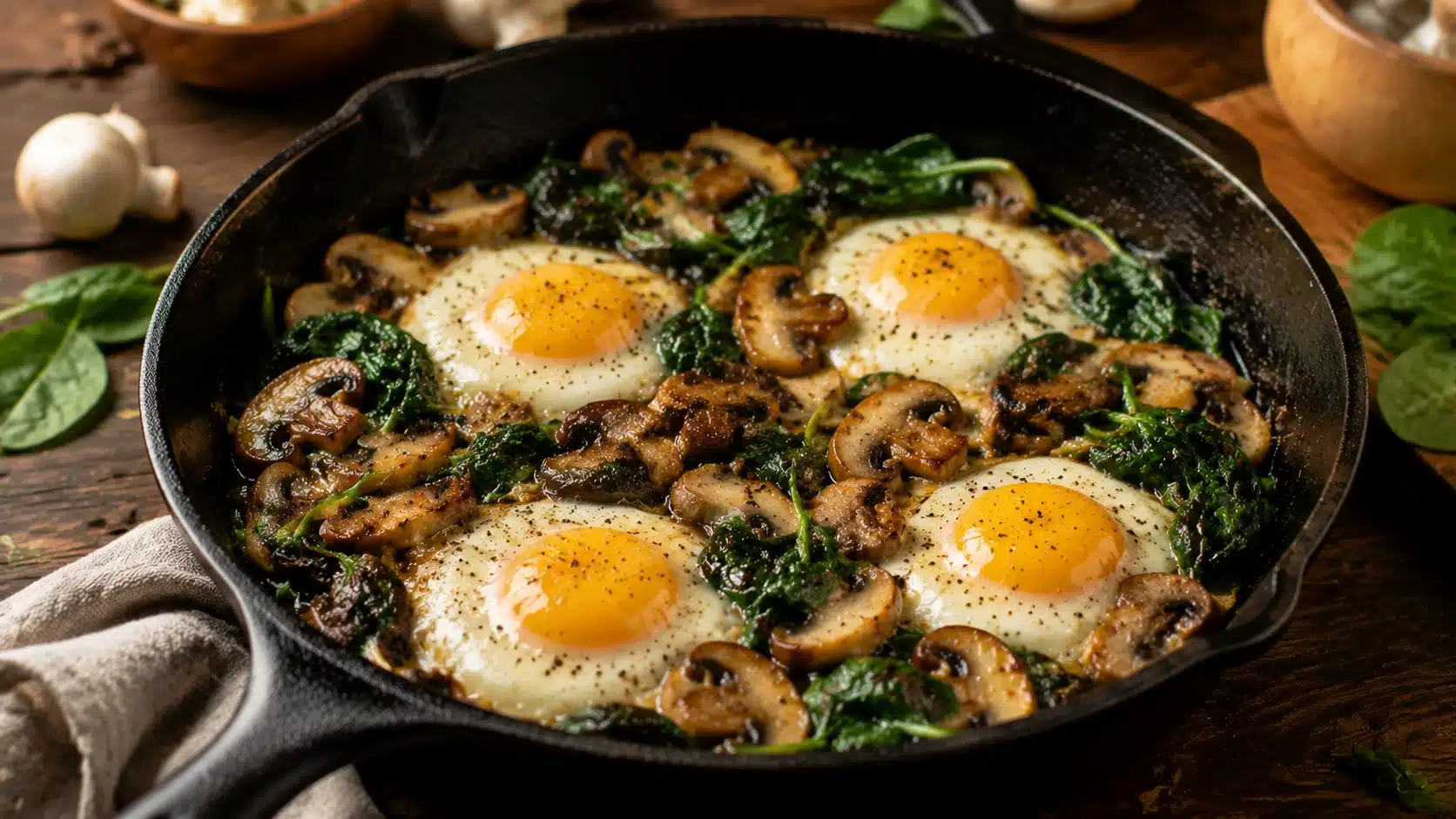 Mushroom and egg breakfast skillet with spinach and cooked eggs in a cast iron pan.