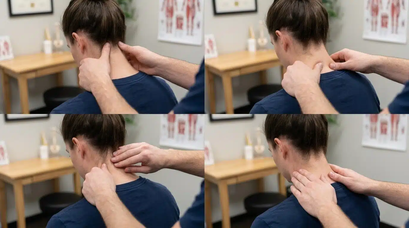 Woman demonstrating neck massage techniques with gentle hand pressure on the neck and shoulder muscles at home