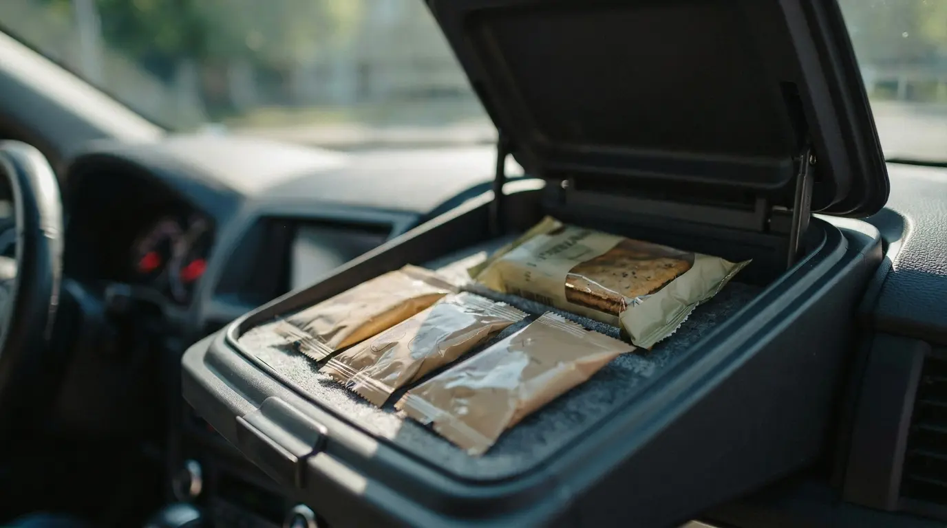 Nut butter packets with apple slices and crackers packed for a road trip snack.