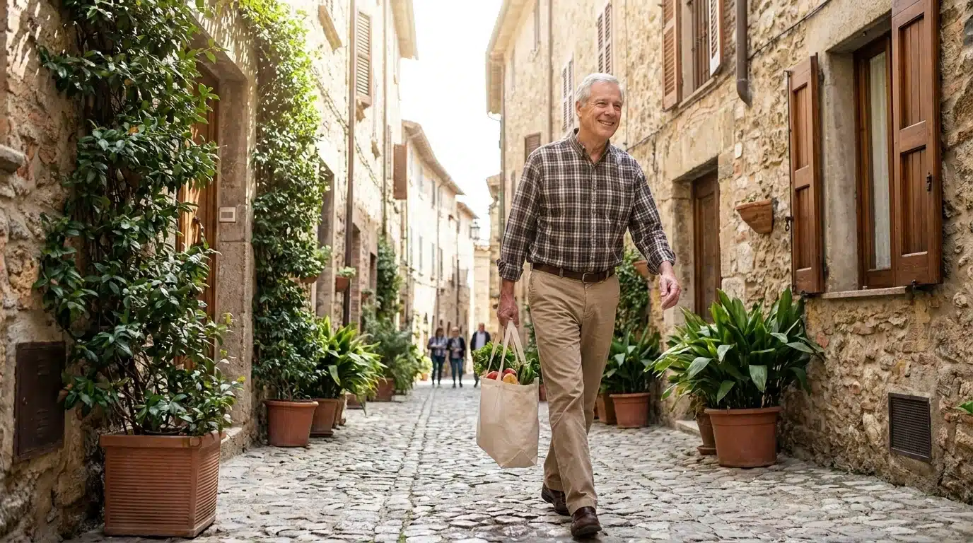 Older man carrying groceries home after walking, showing improved mobility with spinal stenosis therapy.