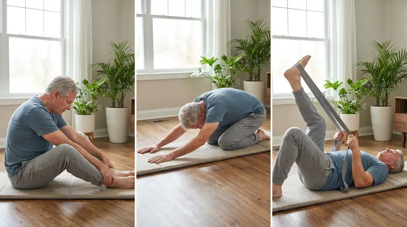 Older man practicing stretching exercises that support flexibility with spinal stenosis symptoms.
