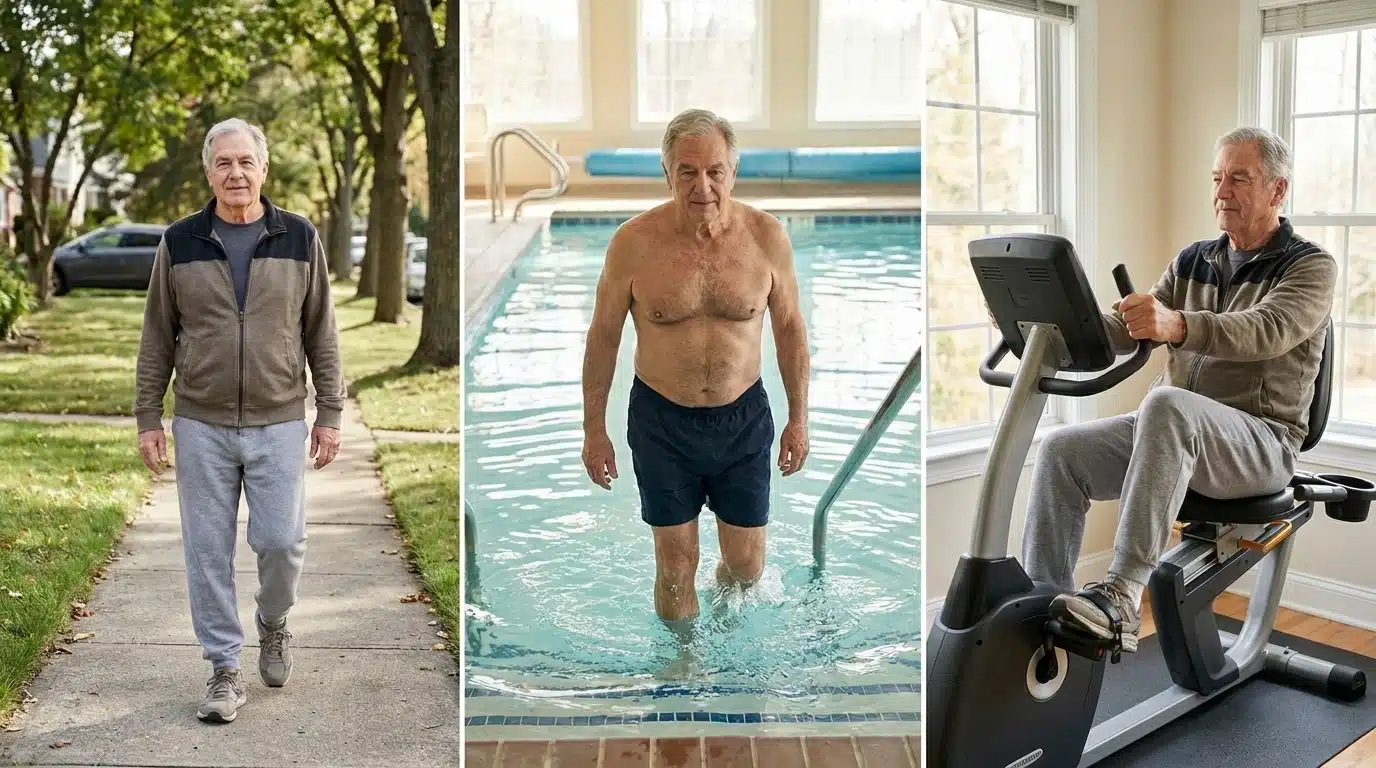 Older man walking outdoors as a low-impact activity for spinal stenosis mobility support.