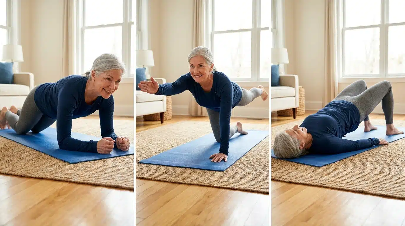 Older woman doing core and hip strengthening exercises during spinal stenosis physical therapy.
